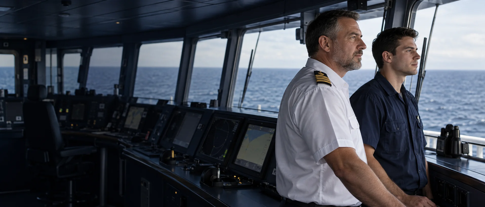 Illustration of a captain and deck officer on watch inside a ship's navigation bridge